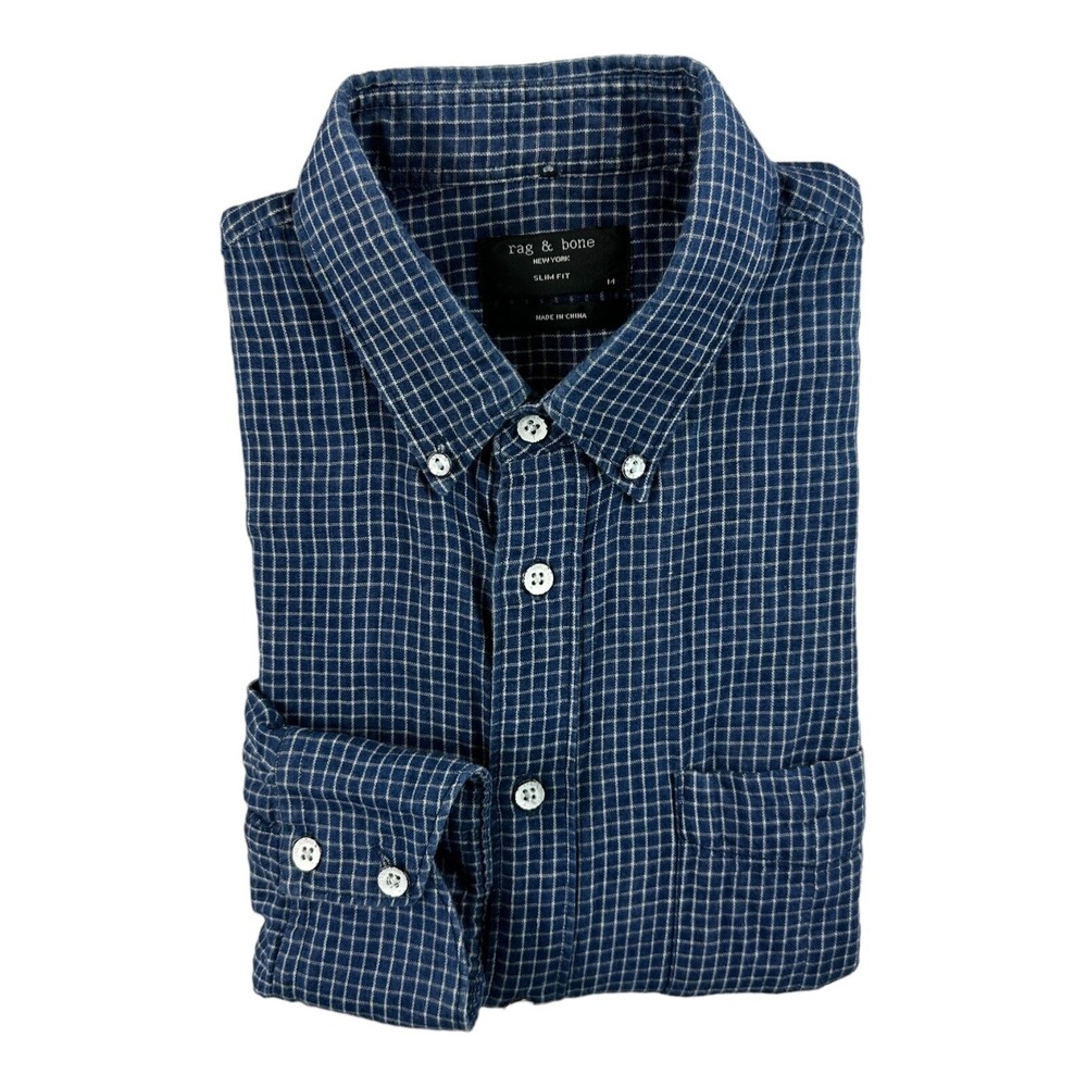 Rag & Bone Mens Blue White Checked Flannel Metal Button Slim Fit Shirt Size M